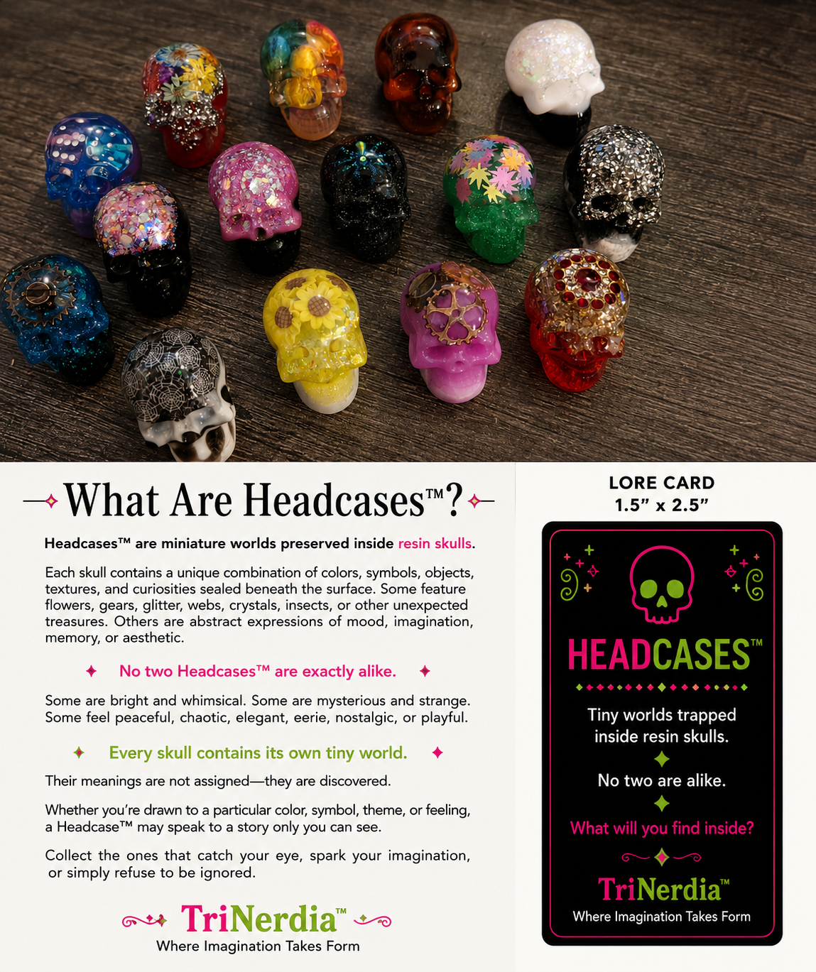 What Are HeadCases™? — TriNerdia™ collection overview showing miniature resin skulls