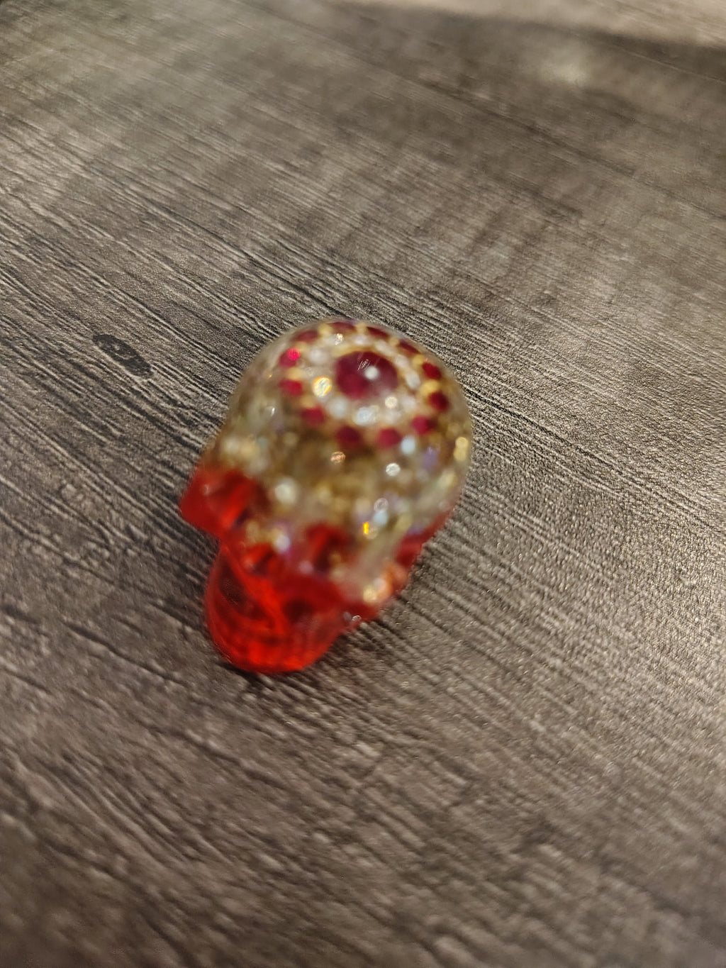 Pink steampunk mini skull with bronze gears - side view