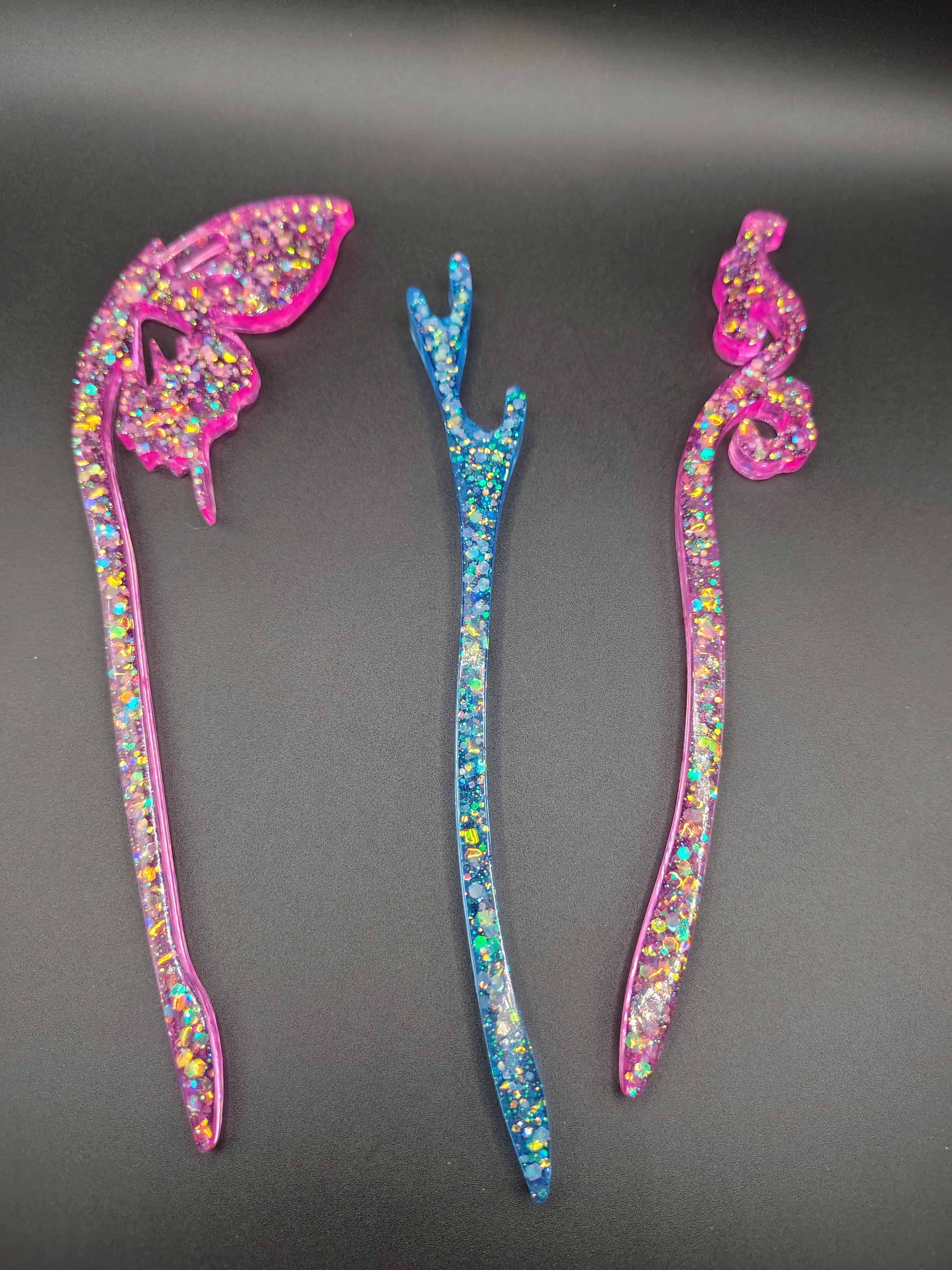 Butterfly hair stick — hot pink holographic glitter resin