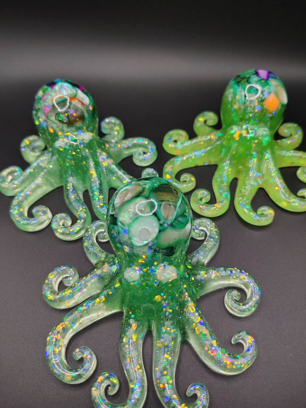 OctoPals™ trio - green glitter resin octopus figurines with colored stone bodies