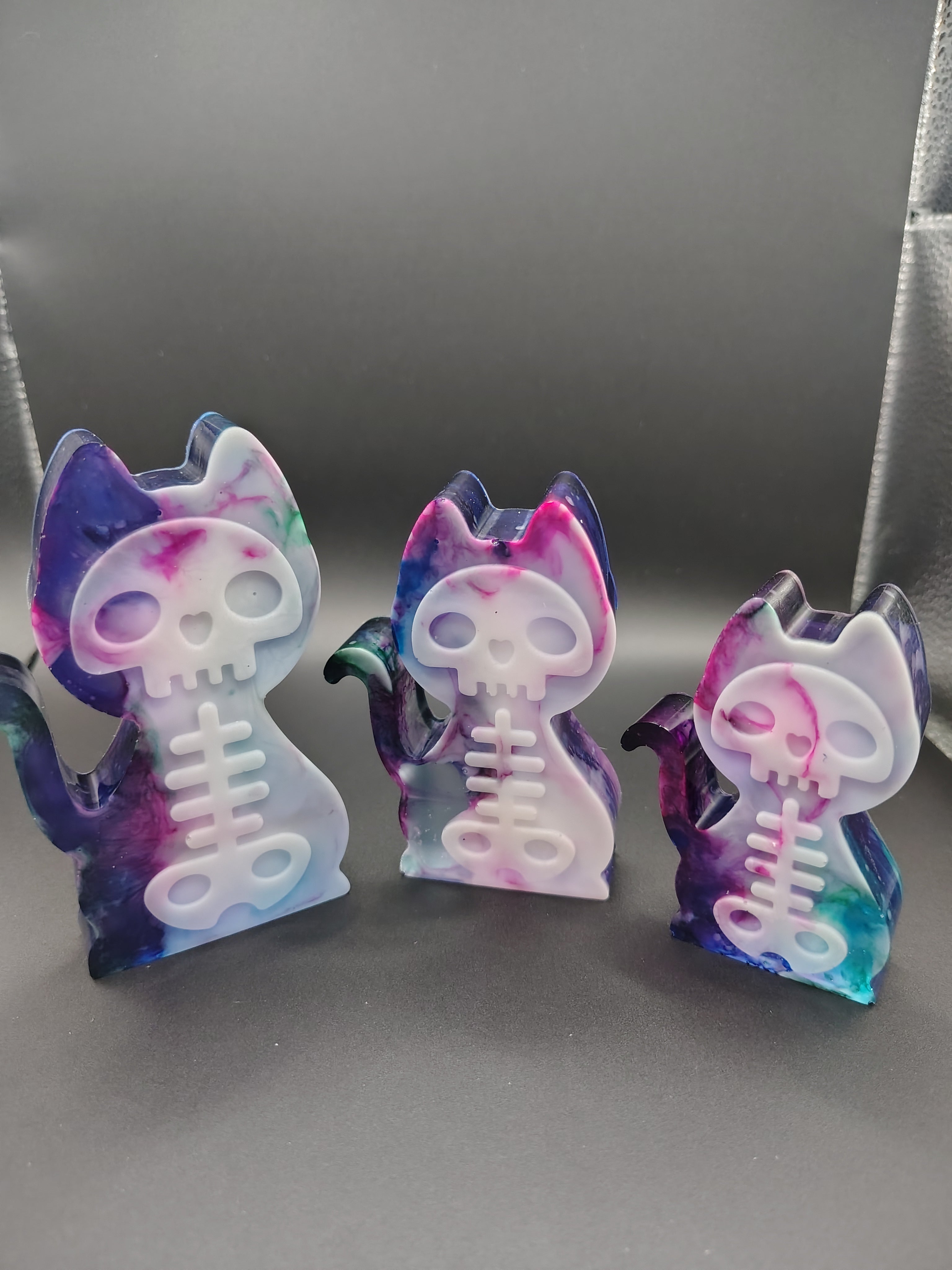 SkелeCats™ - three sizes of galaxy resin skeleton cat figurines small medium large