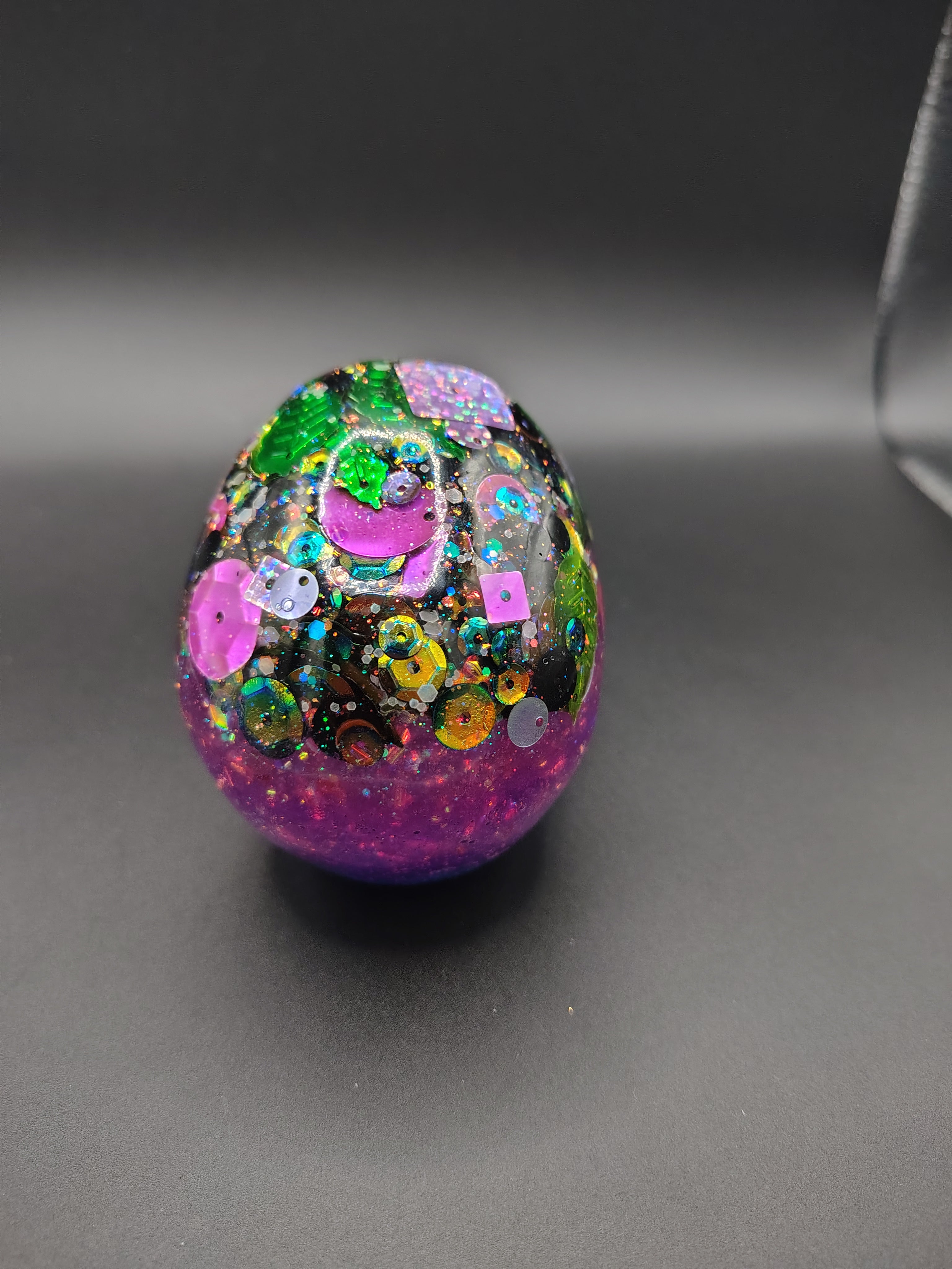 Large holographic sequin resin skull - egg shape top view