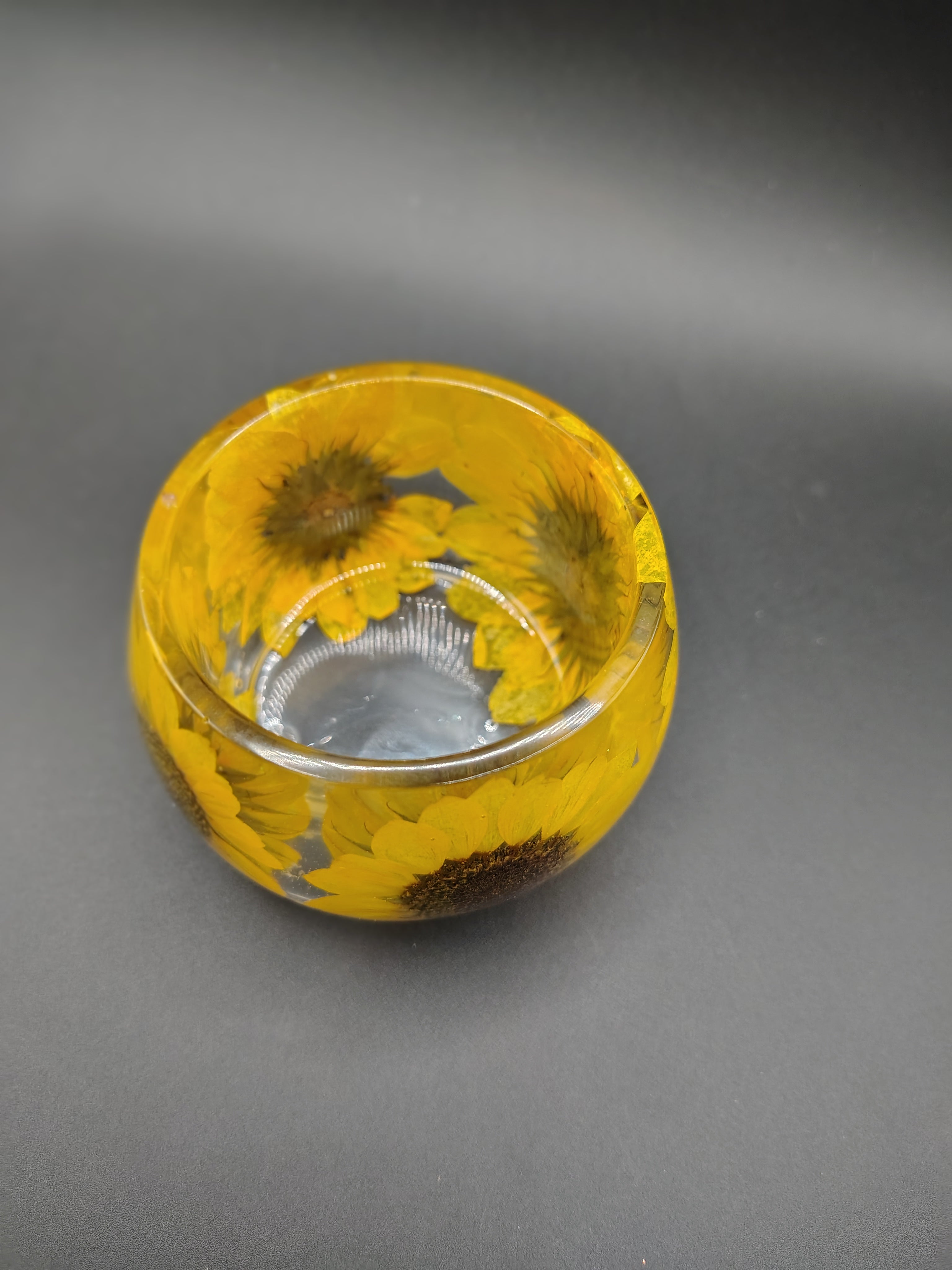 Sunflower Trinket Cup™ - overhead view showing pressed sunflower interior