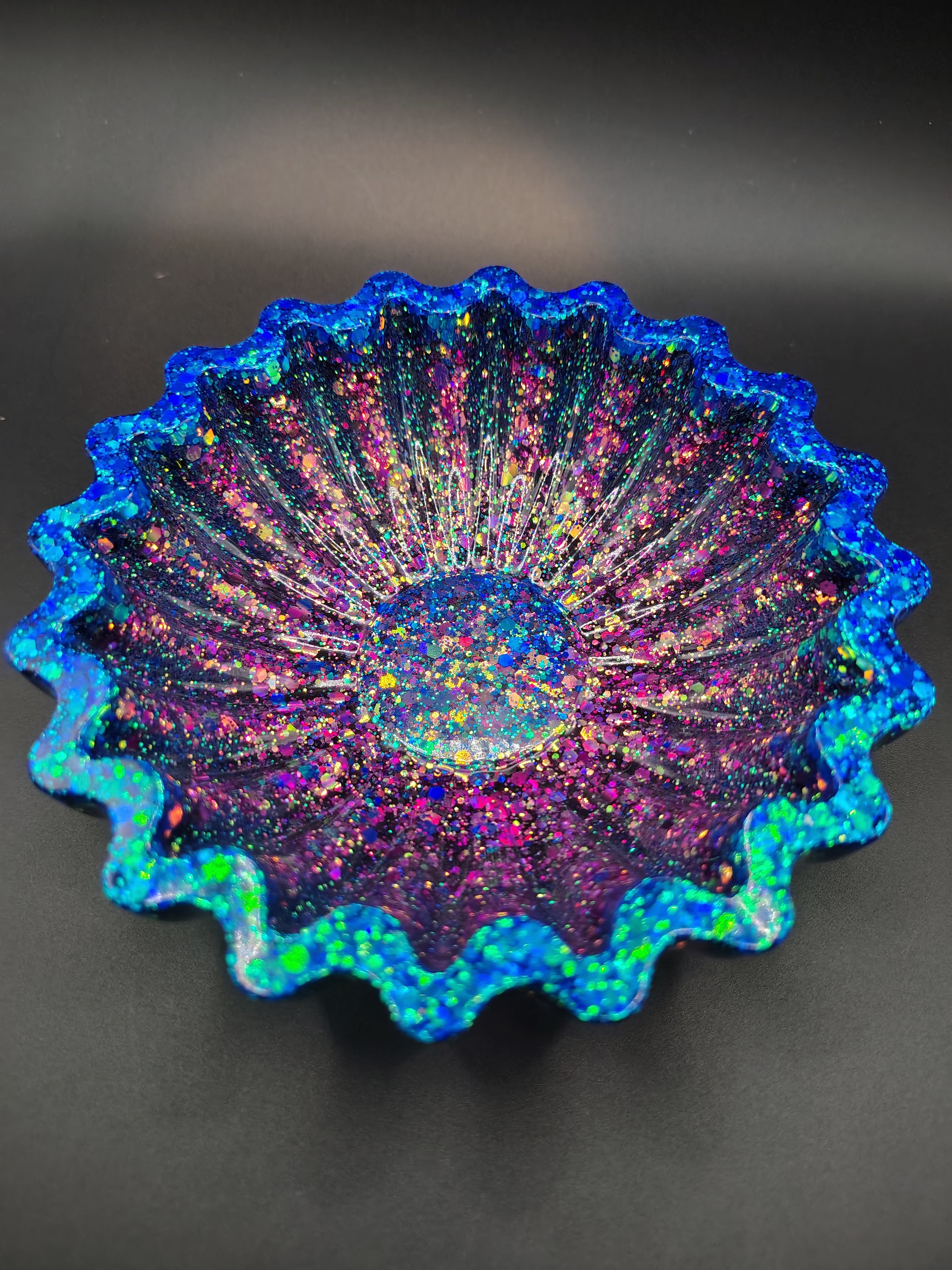 Loomlight™ Scallop Bowl - galaxy blue holographic glitter resin bowl overhead view