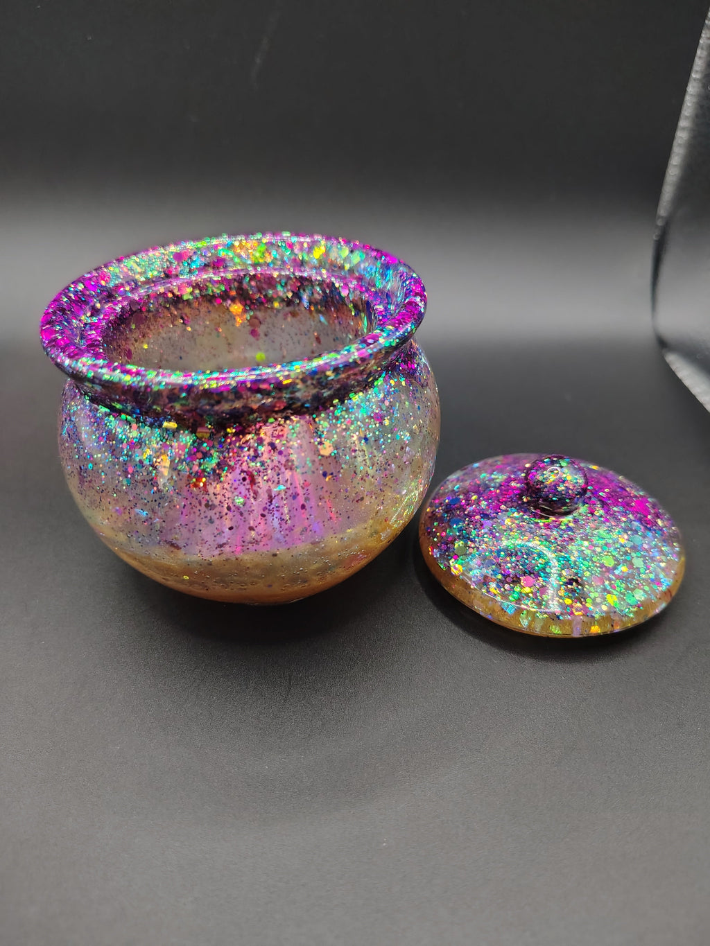 Loomlight™ Glow Jar - Galaxy Glow side view lid off showing depth and glitter layers