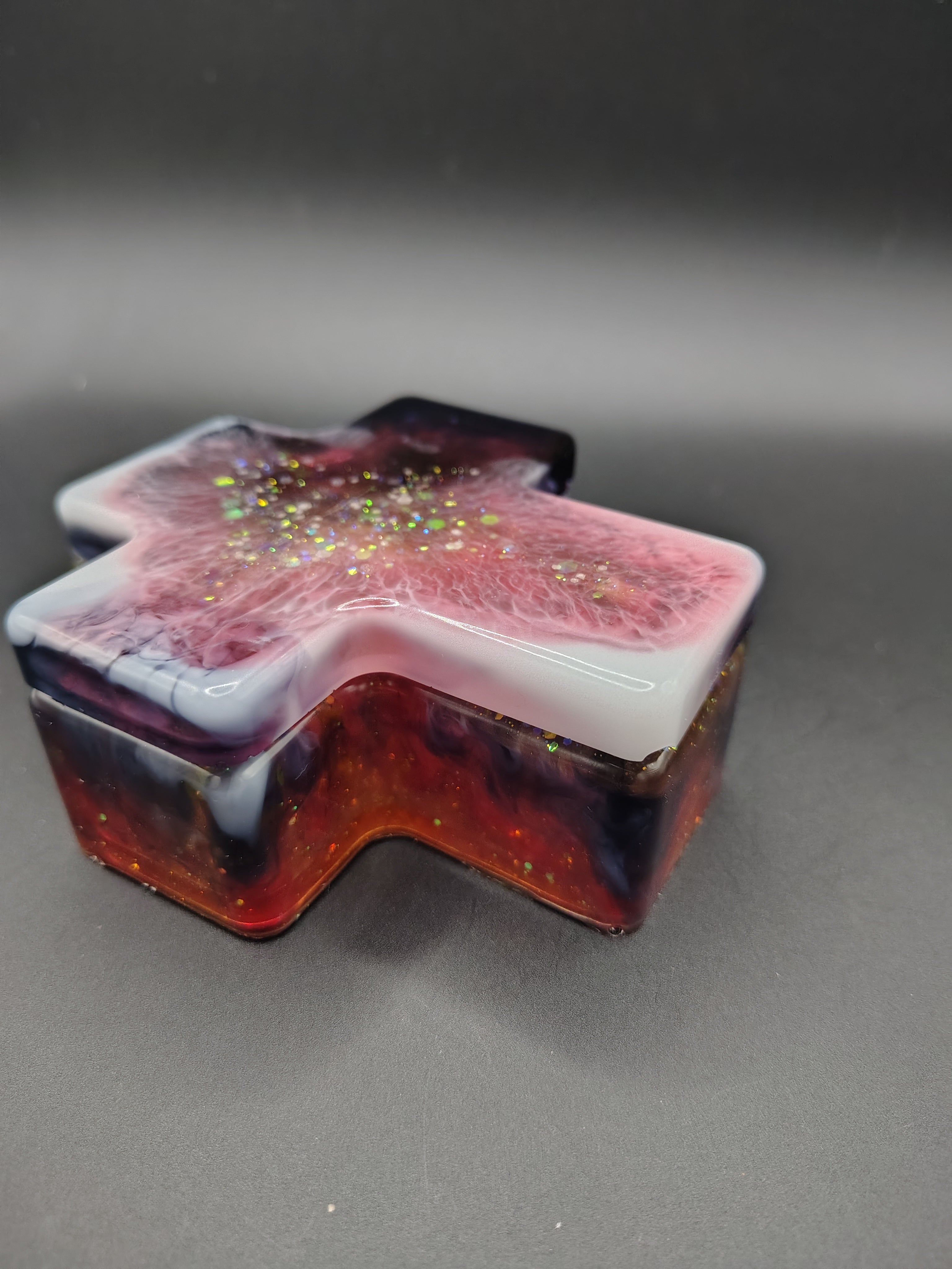 Cross-shaped resin trinket box with lid - caramel, gold, white and black swirl pour