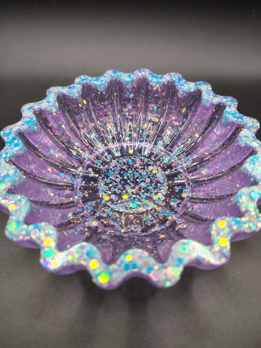 Loomlight™ Scallop Bowl - lavender holographic chunky glitter bowl overhead