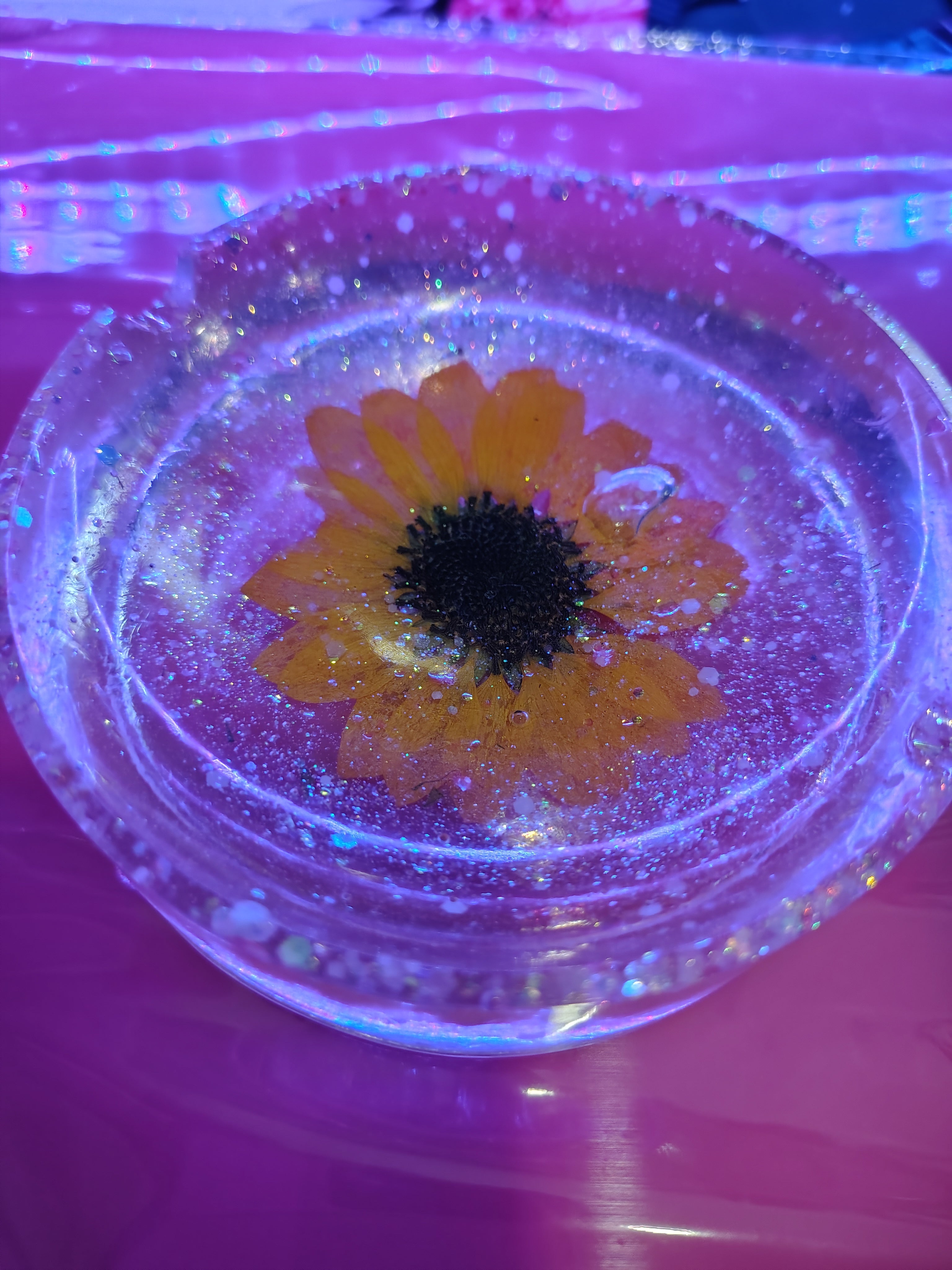 Sunflower Ashtray — handmade clear resin with preserved sunflower and glitter